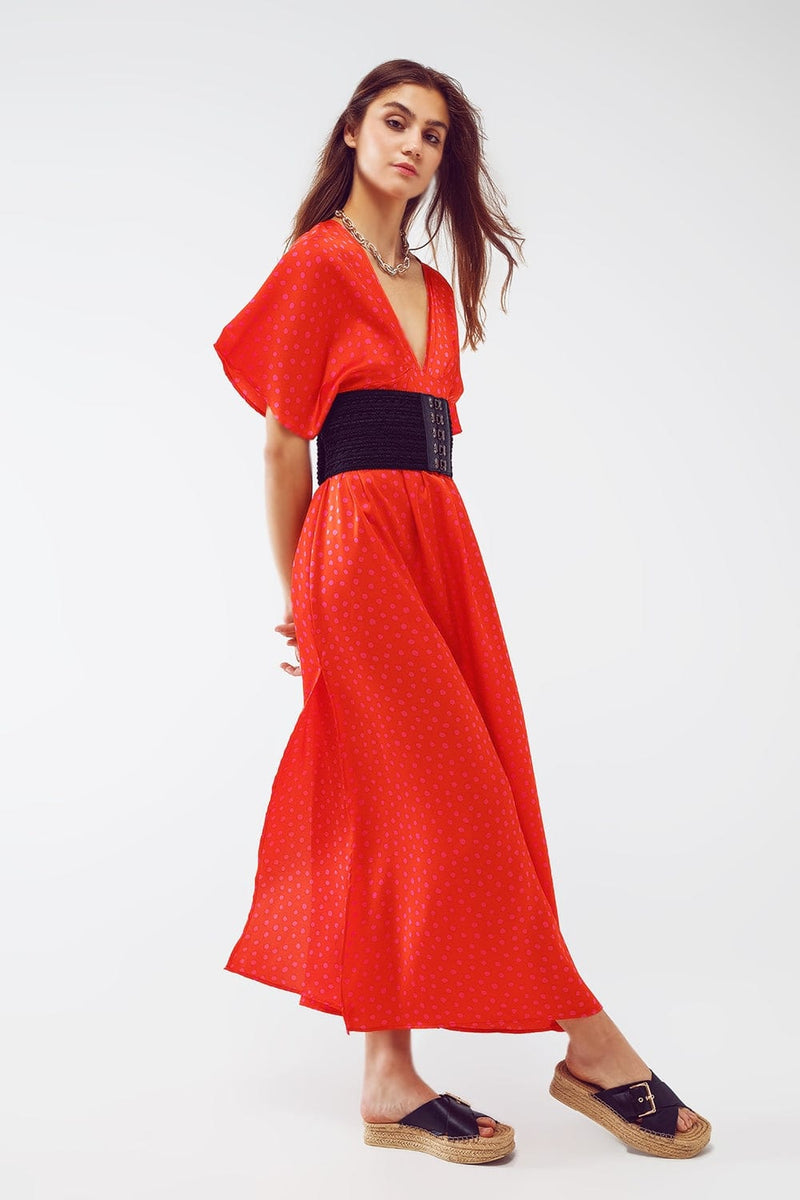 Q2 Women's Dress Maxi Cinched At The Waist Dress With Angel Sleeves In Red Polka Dot