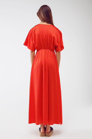 Q2 Women's Dress Maxi Cinched At The Waist Dress With Angel Sleeves In Red Polka Dot