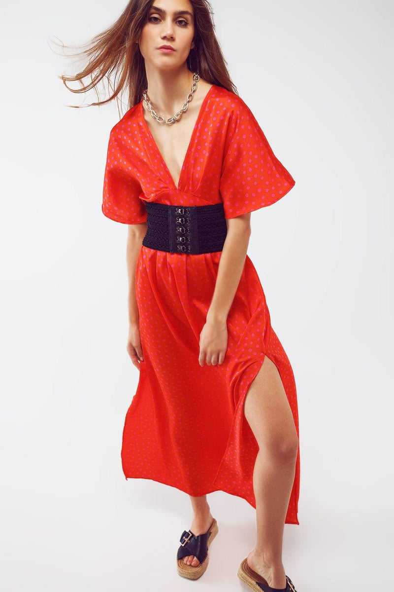 Q2 Women's Dress Maxi Cinched At The Waist Dress With Angel Sleeves In Red Polka Dot