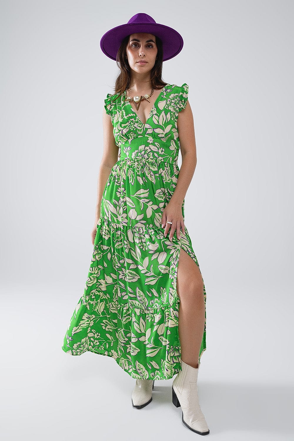 Q2 Women's Dress Maxi Cinched Waist Floral Print Dress In Green