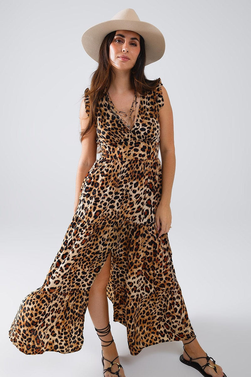 Q2 Women's Dress Maxi Cinched Waist Leopard Print Dress