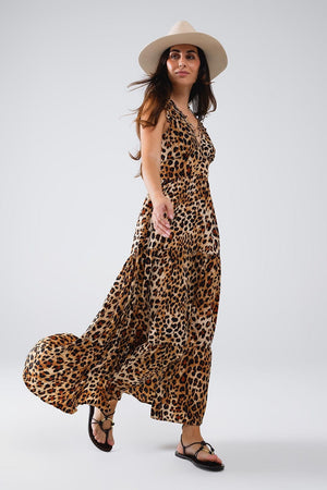 Q2 Women's Dress Maxi Cinched Waist Leopard Print Dress