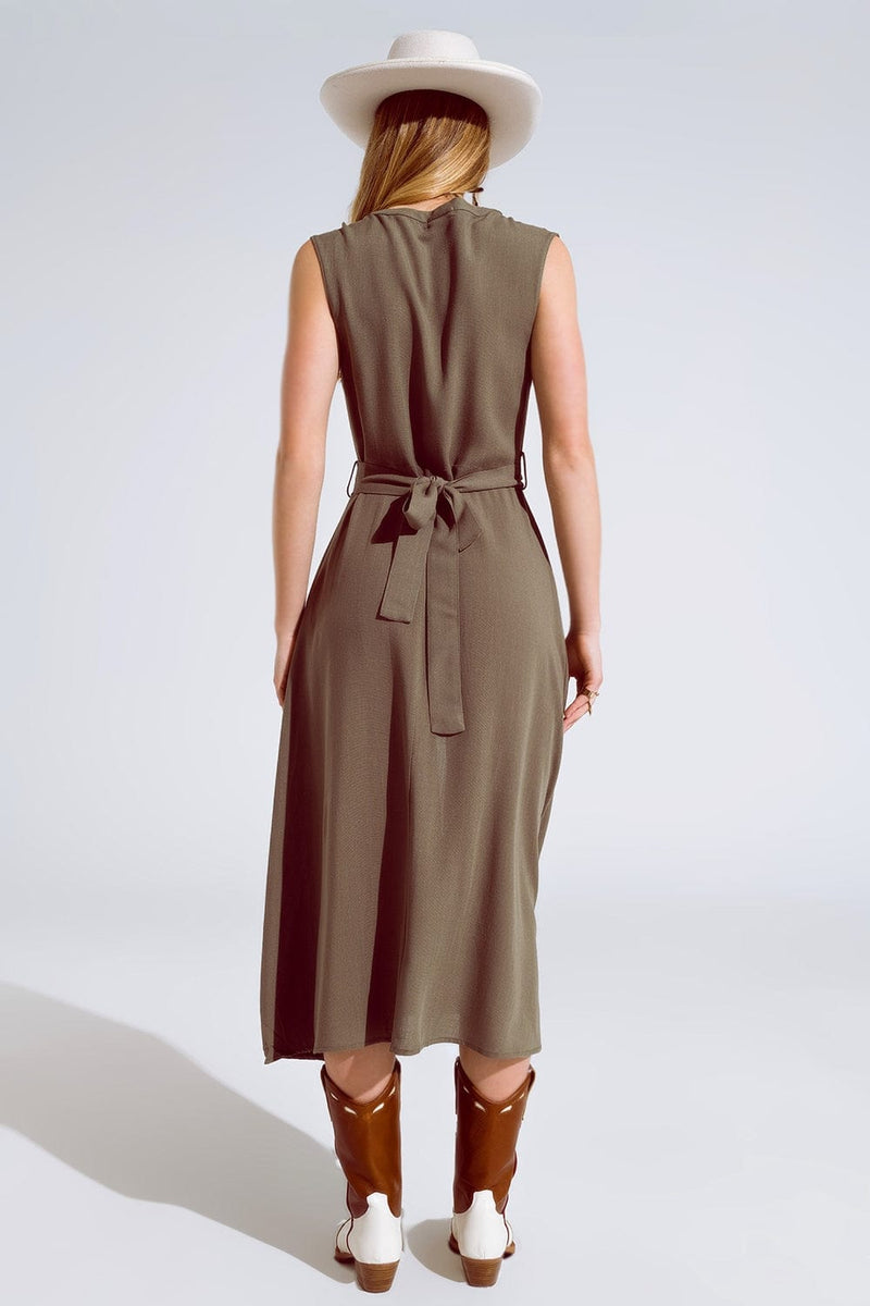 Q2 Women's Dress Maxi Dress In Khaki With Ruffle And Button Detail