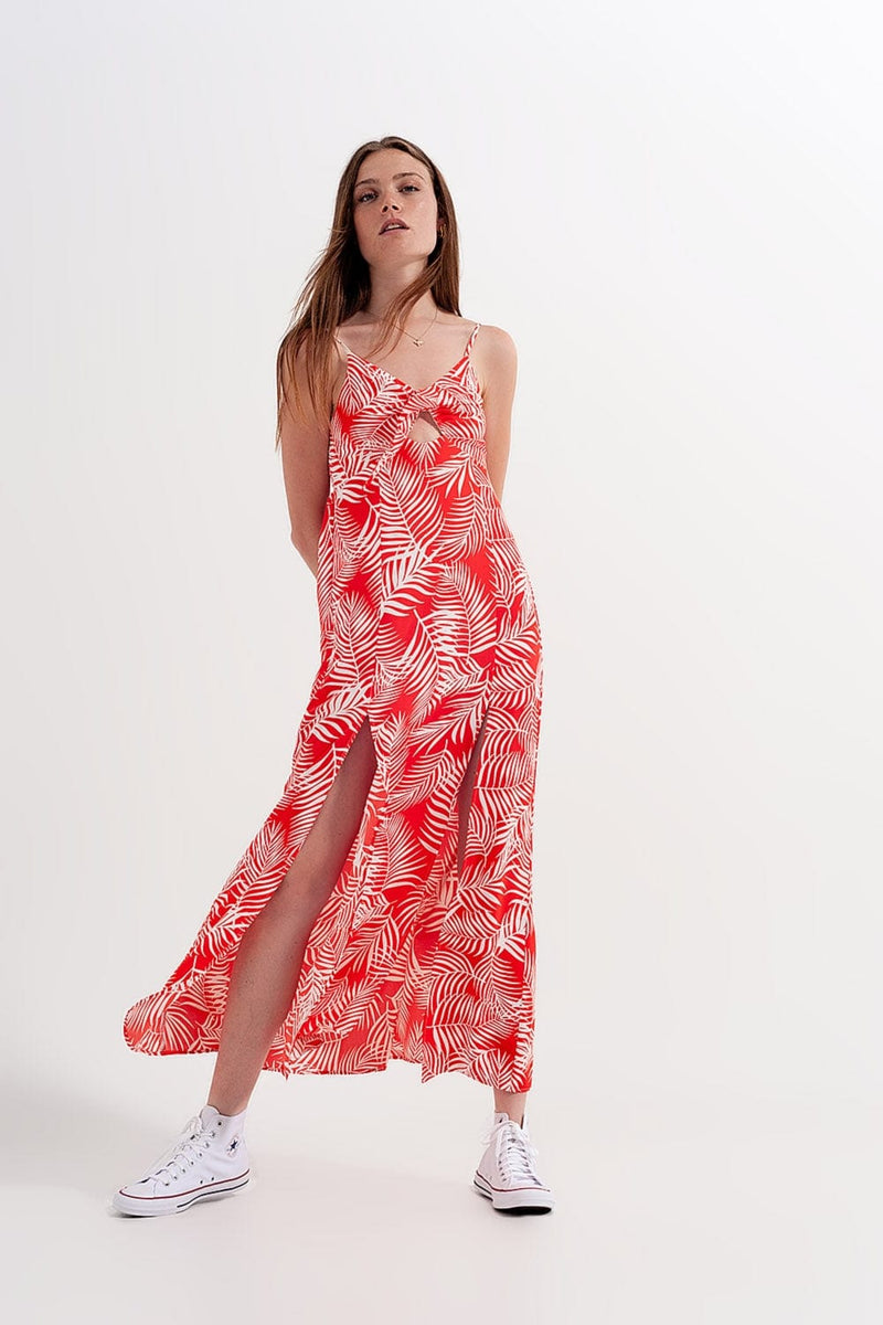 Q2 Women's Dress Maxi Dress with Splits in Red Leaves Print