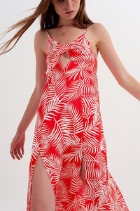 Q2 Women's Dress Maxi Dress with Splits in Red Leaves Print