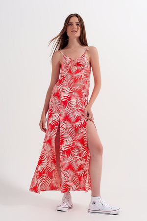 Q2 Women's Dress Maxi Dress with Splits in Red Leaves Print
