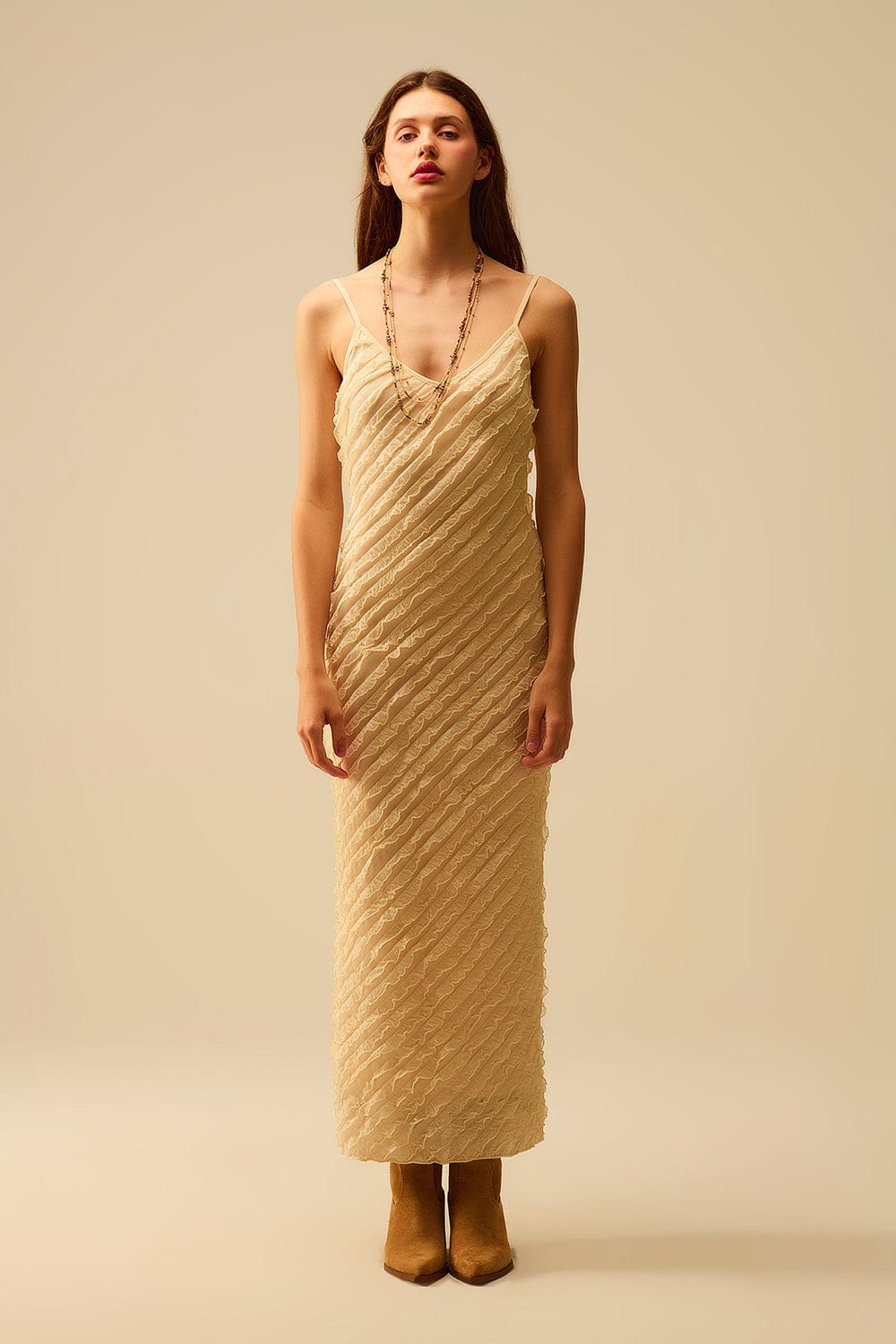 Q2 Women's Dress Maxi Ecru Dress With Fringes And Straps