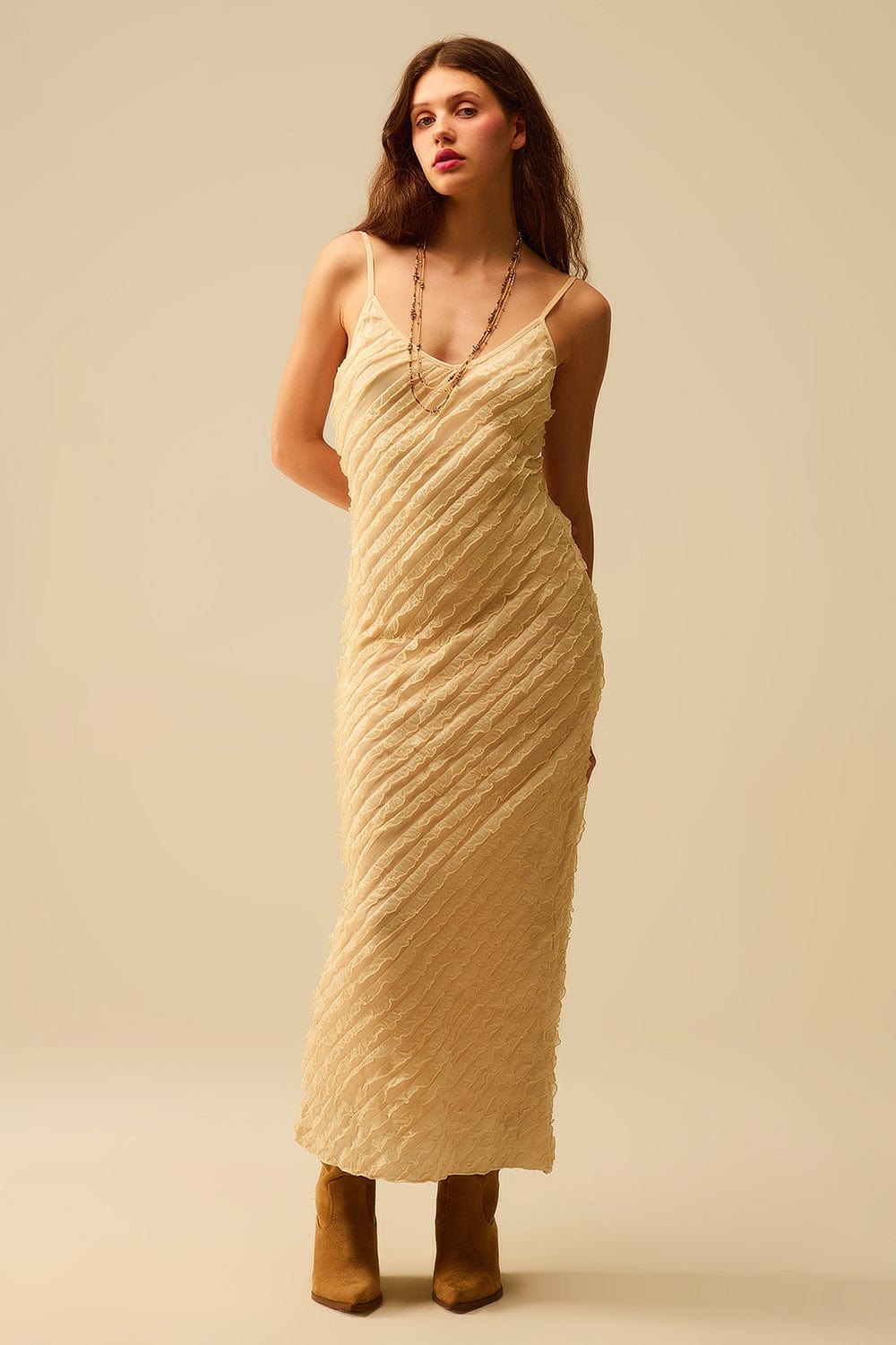 Q2 Women's Dress Maxi Ecru Dress With Fringes And Straps
