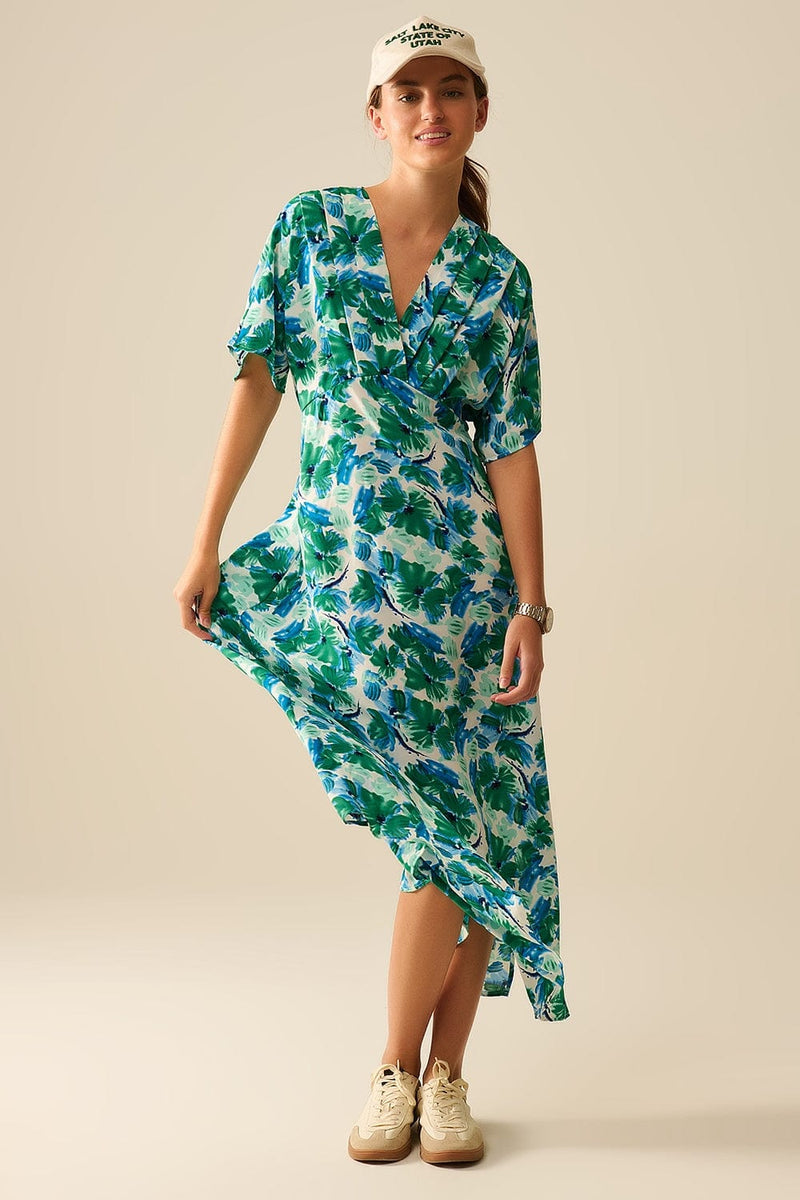 Q2 Women's Dress Maxi Floral Print Dress In Satin Fabric With Dropped Sleeves