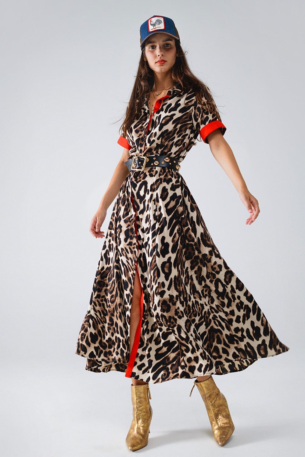 Q2 Women's Dress Maxi Leopard Button-Down Dress With Red Details