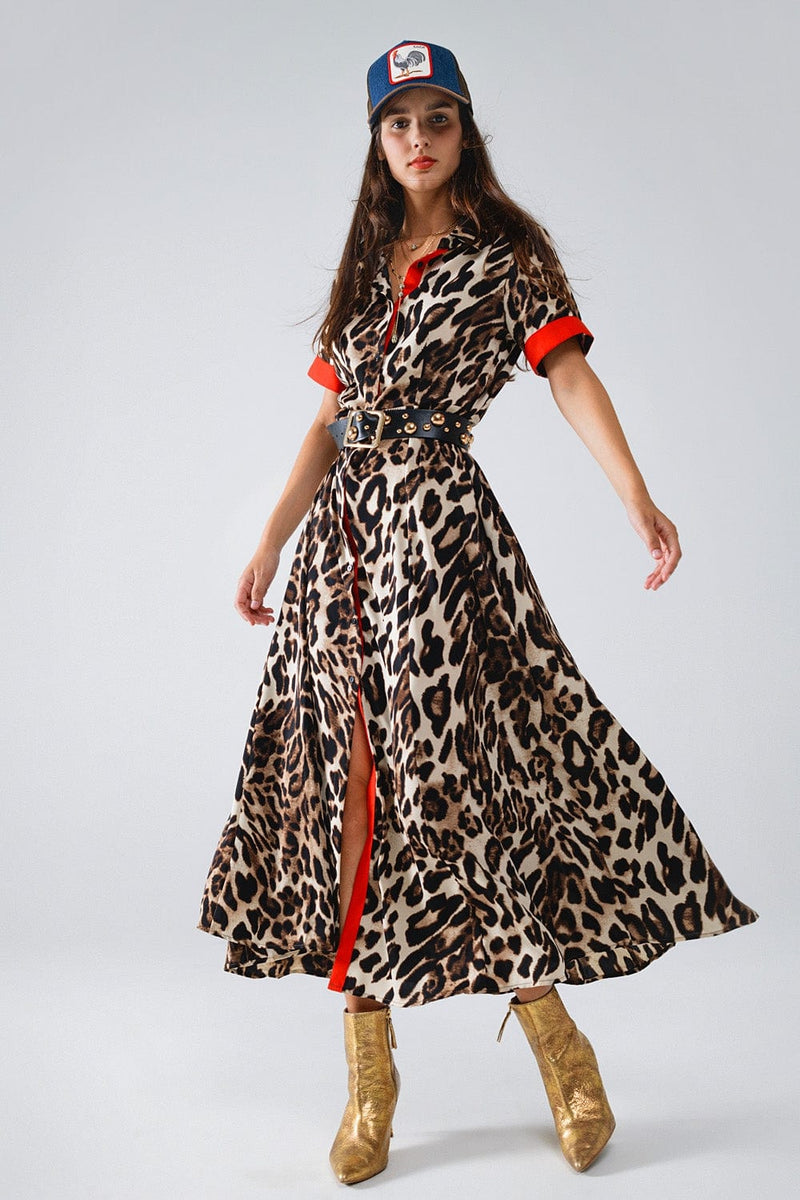 Q2 Women's Dress Maxi Leopard Button-Down Dress With Red Details