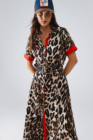 Q2 Women's Dress Maxi Leopard Button-Down Dress With Red Details