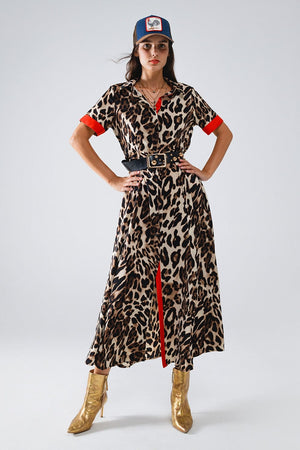 Q2 Women's Dress Maxi Leopard Button-Down Dress With Red Details