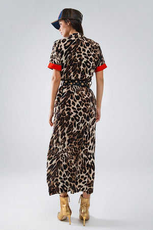 Q2 Women's Dress Maxi Leopard Button-Down Dress With Red Details