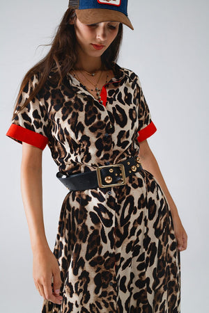 Q2 Women's Dress Maxi Leopard Button-Down Dress With Red Details