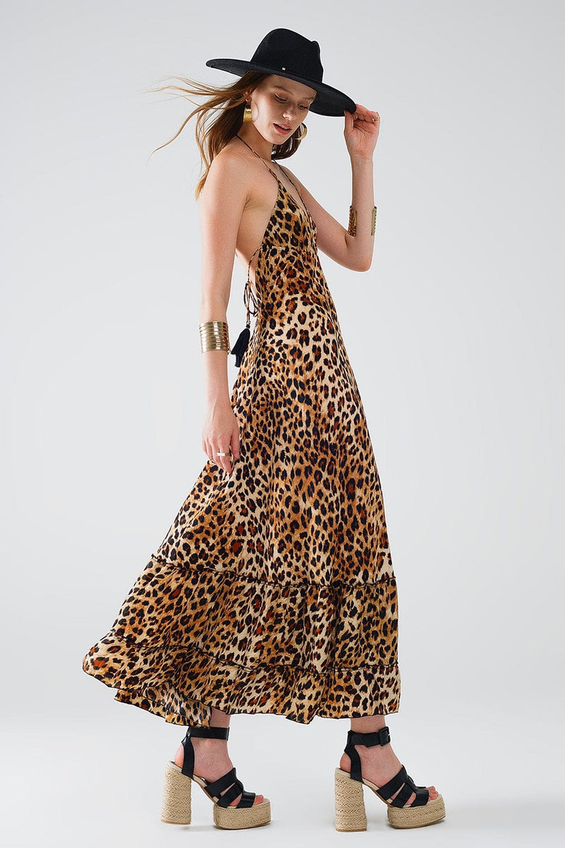 Q2 Women's Dress Maxi Leopard Print Boho Dress With Open Back