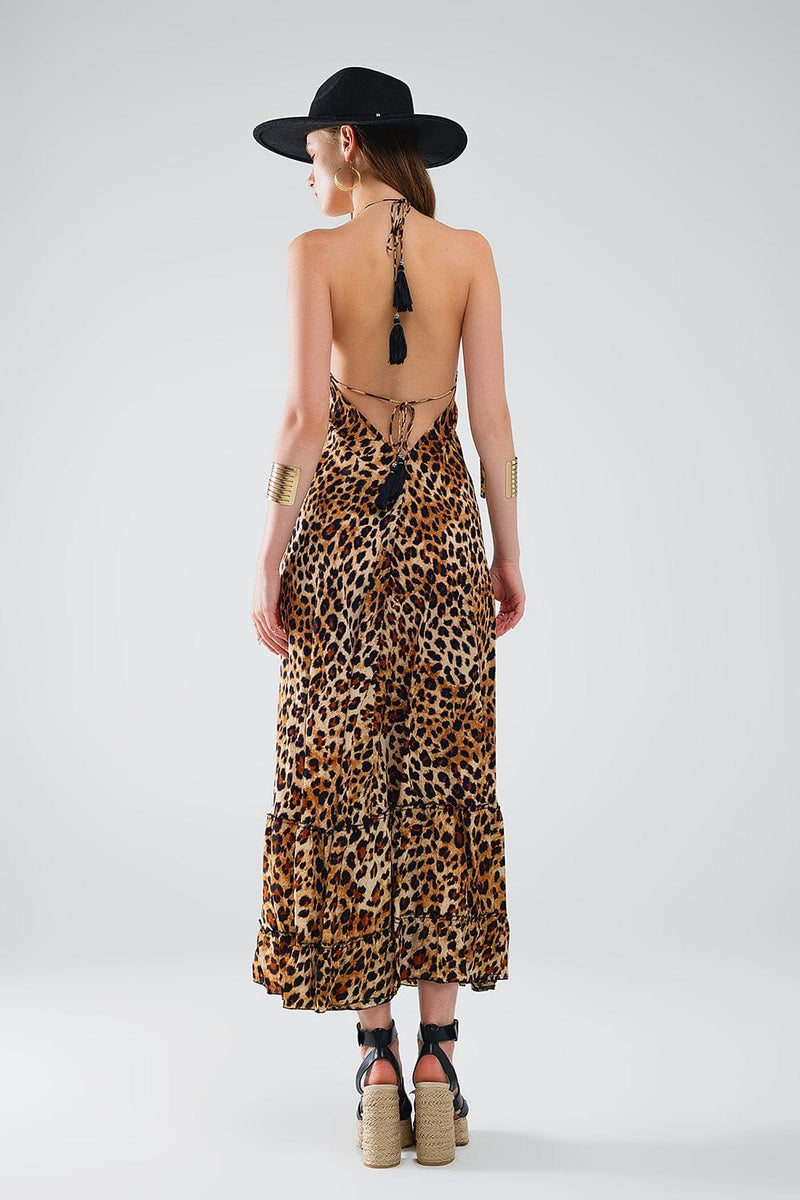 Q2 Women's Dress Maxi Leopard Print Boho Dress With Open Back