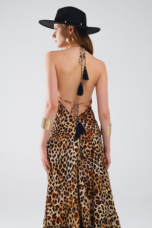 Q2 Women's Dress Maxi Leopard Print Boho Dress With Open Back