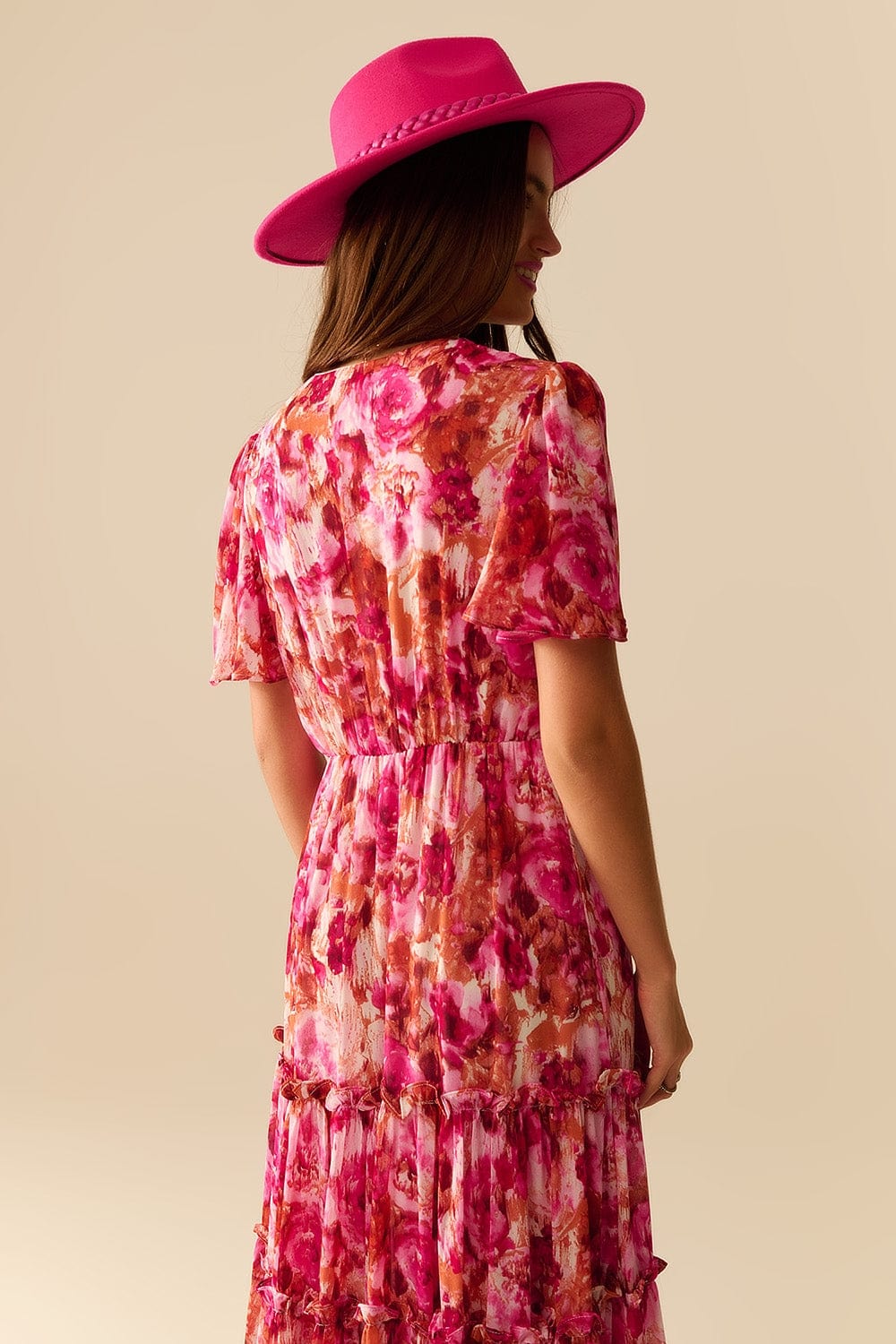 Q2 Women's Dress Maxi Tiered Romantic Dress With Chiffon Floral Print In Pink