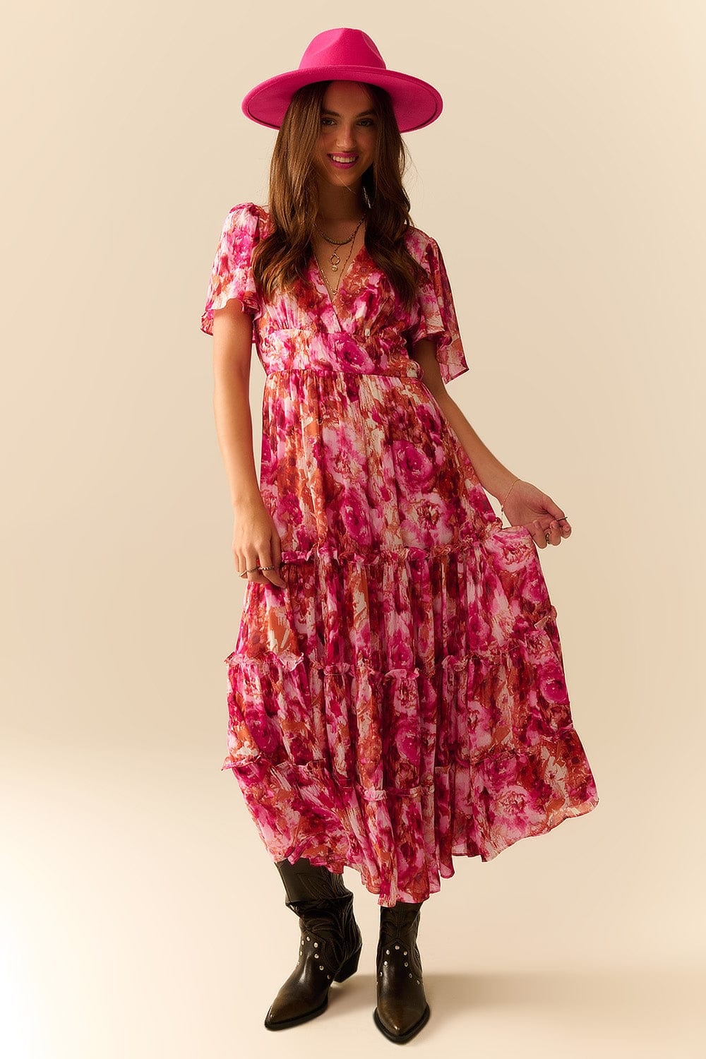 Q2 Women's Dress Maxi Tiered Romantic Dress With Chiffon Floral Print In Pink