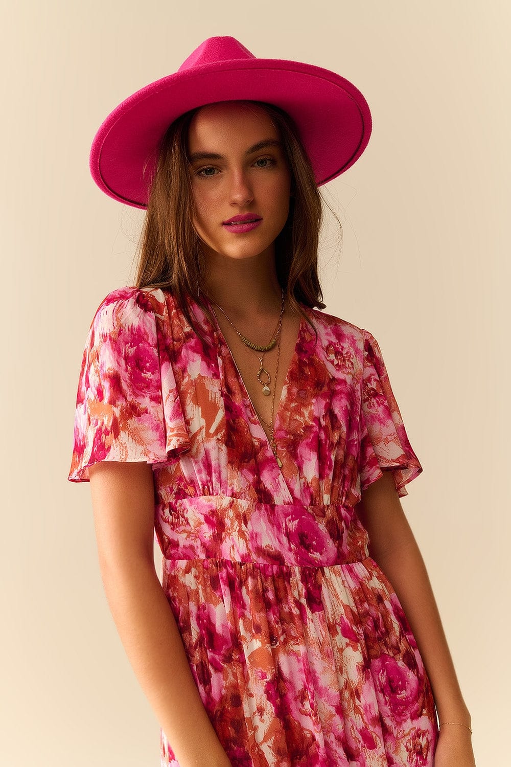 Q2 Women's Dress Maxi Tiered Romantic Dress With Chiffon Floral Print In Pink