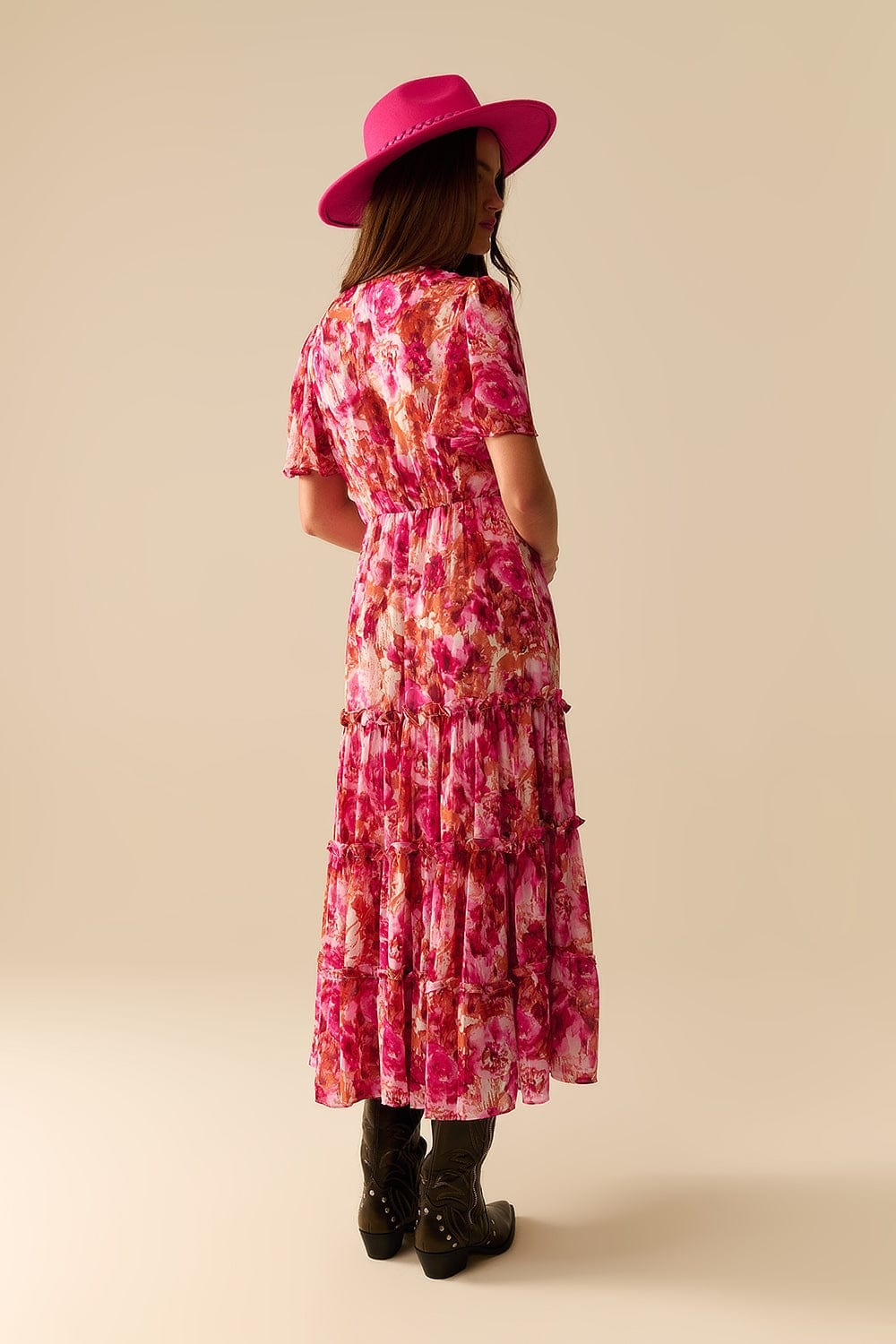 Q2 Women's Dress Maxi Tiered Romantic Dress With Chiffon Floral Print In Pink