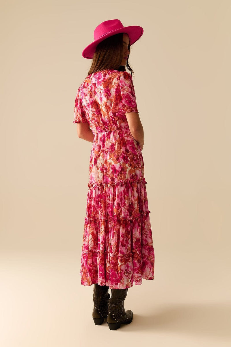 Q2 Women's Dress Maxi Tiered Romantic Dress With Chiffon Floral Print In Pink