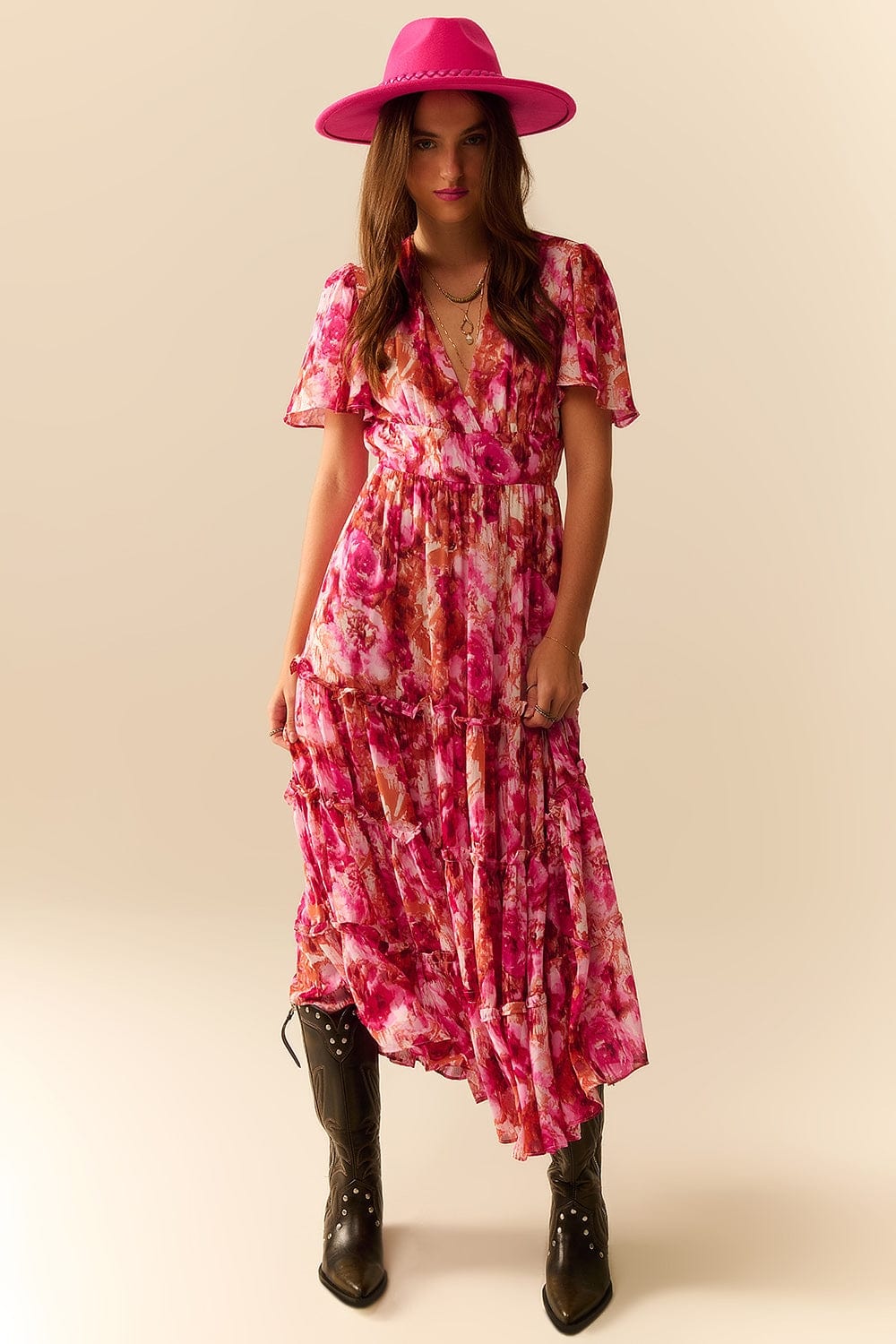 Q2 Women's Dress Maxi Tiered Romantic Dress With Chiffon Floral Print In Pink