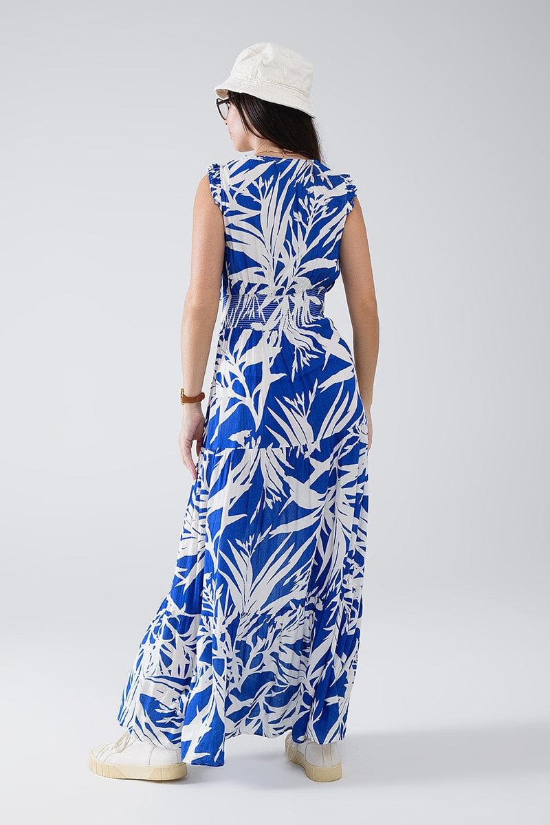 Q2 Women's Dress Maxi Tropical Print V-Neck Dress With Slit In Blue