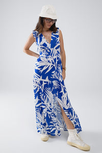 Q2 Women's Dress Maxi Tropical Print V-Neck Dress With Slit In Blue