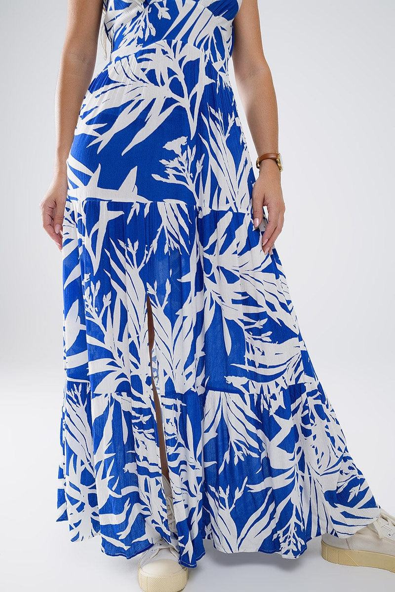 Q2 Women's Dress Maxi Tropical Print V-Neck Dress With Slit In Blue