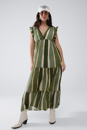 Q2 Women's Dress Maxi V-Neck Dress With Tiered Skirt In Striped Tie-Dye Green