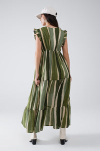 Q2 Women's Dress Maxi V-Neck Dress With Tiered Skirt In Striped Tie-Dye Green