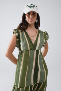 Q2 Women's Dress Maxi V-Neck Dress With Tiered Skirt In Striped Tie-Dye Green