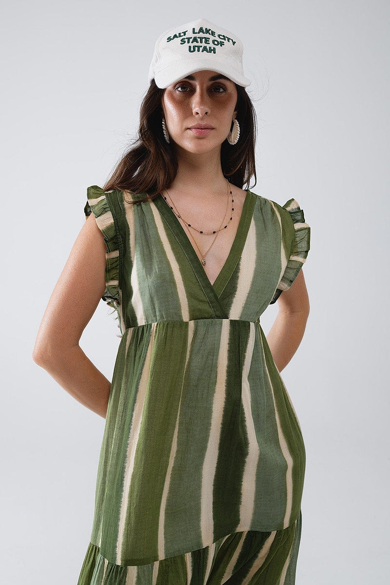 Q2 Women's Dress Maxi V-Neck Dress With Tiered Skirt In Striped Tie-Dye Green