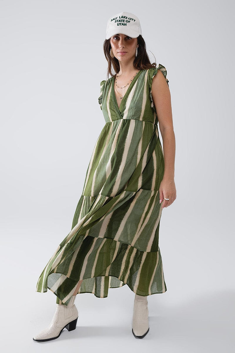 Q2 Women's Dress Maxi V-Neck Dress With Tiered Skirt In Striped Tie-Dye Green