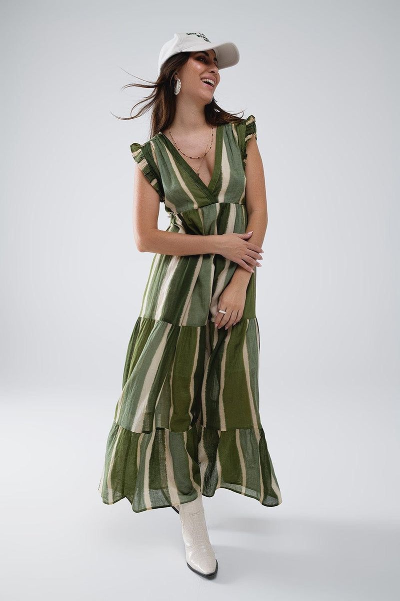 Q2 Women's Dress Maxi V-Neck Dress With Tiered Skirt In Striped Tie-Dye Green