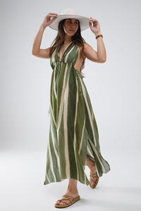 Q2 Women's Dress Maxi V-Neck Halter Dress With Side Slits In Striped Tie-Dye Green