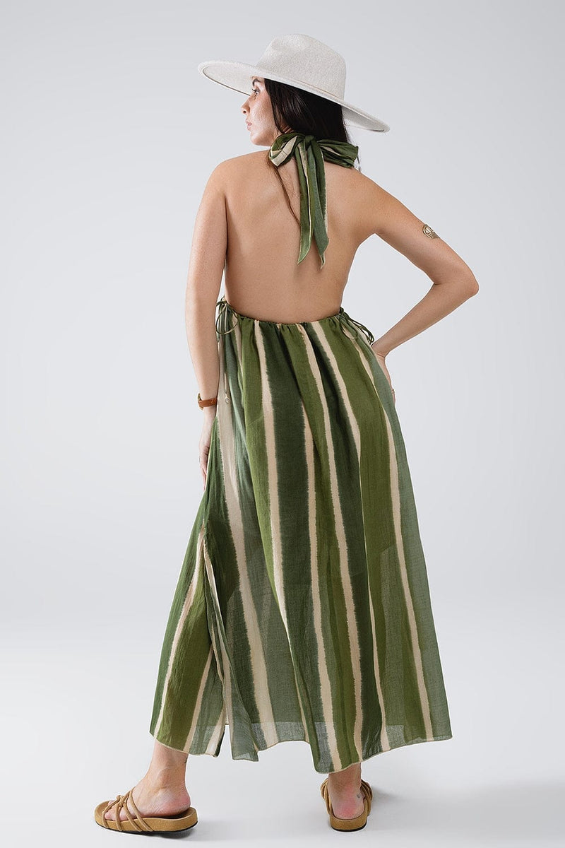 Q2 Women's Dress Maxi V-Neck Halter Dress With Side Slits In Striped Tie-Dye Green