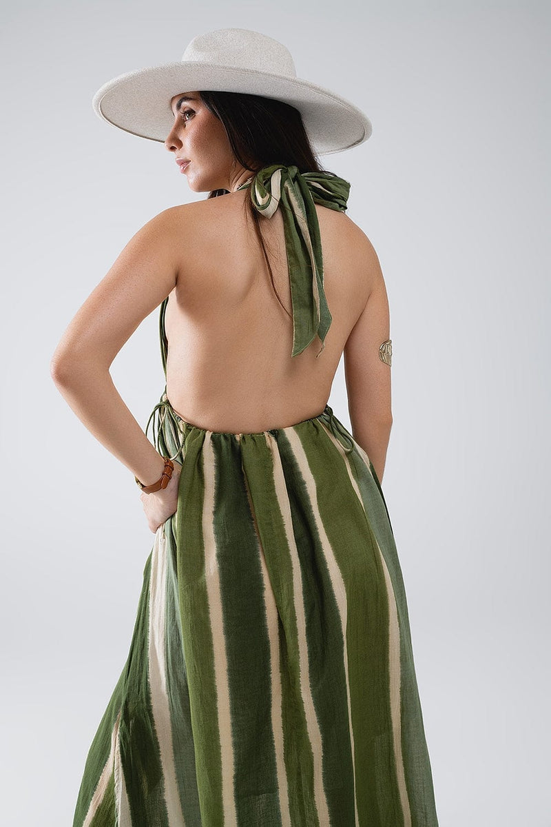 Q2 Women's Dress Maxi V-Neck Halter Dress With Side Slits In Striped Tie-Dye Green