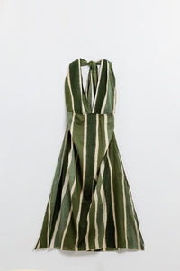 Q2 Women's Dress Maxi V-Neck Halter Dress With Side Slits In Striped Tie-Dye Green