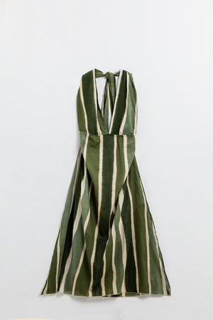 Q2 Women's Dress Maxi V-Neck Halter Dress With Side Slits In Striped Tie-Dye Green