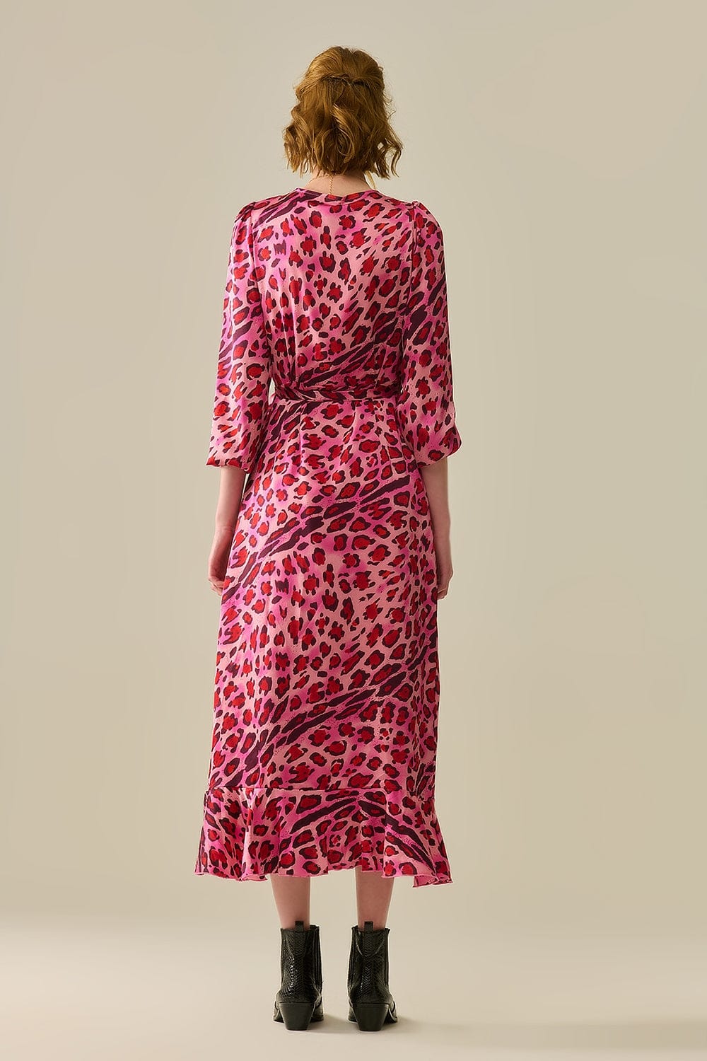 Q2 Women's Dress Maxi Wrap Dress In Satin Fuchsia Leopard Print