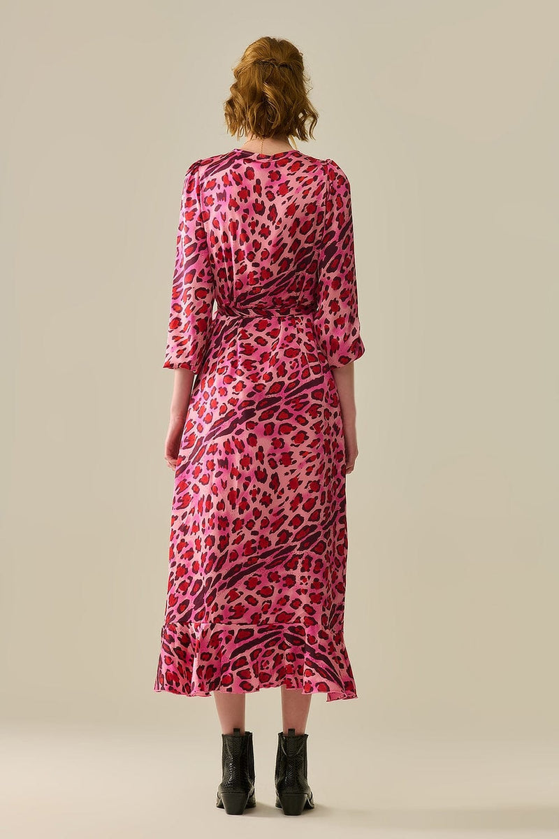 Q2 Women's Dress Maxi Wrap Dress In Satin Fuchsia Leopard Print