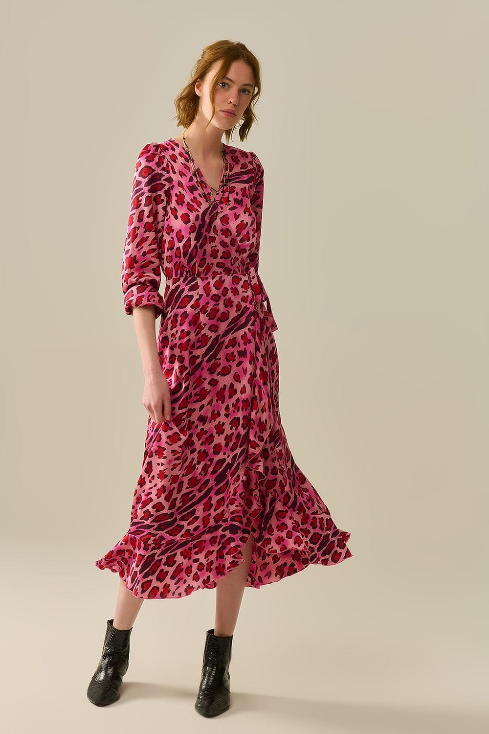 Q2 Women's Dress Maxi Wrap Dress In Satin Fuchsia Leopard Print