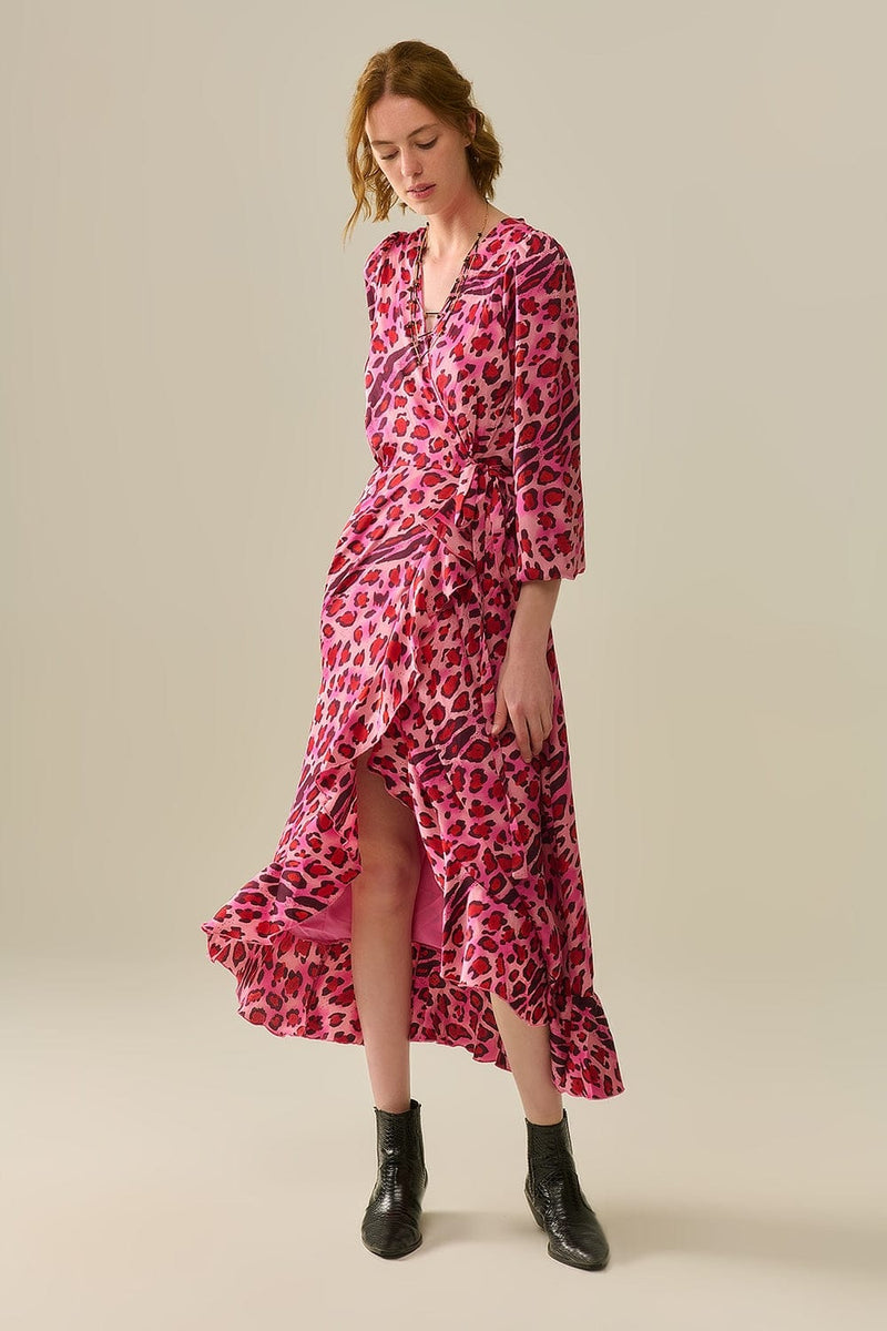 Q2 Women's Dress Maxi Wrap Dress In Satin Fuchsia Leopard Print