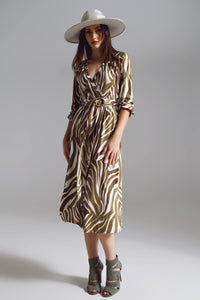 Q2 Women's Dress Midi Belted Wrap Dress In Olive Green And Cream Zebra Print