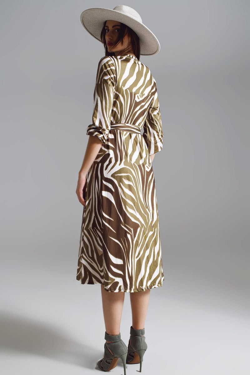 Q2 Women's Dress Midi Belted Wrap Dress In Olive Green And Cream Zebra Print