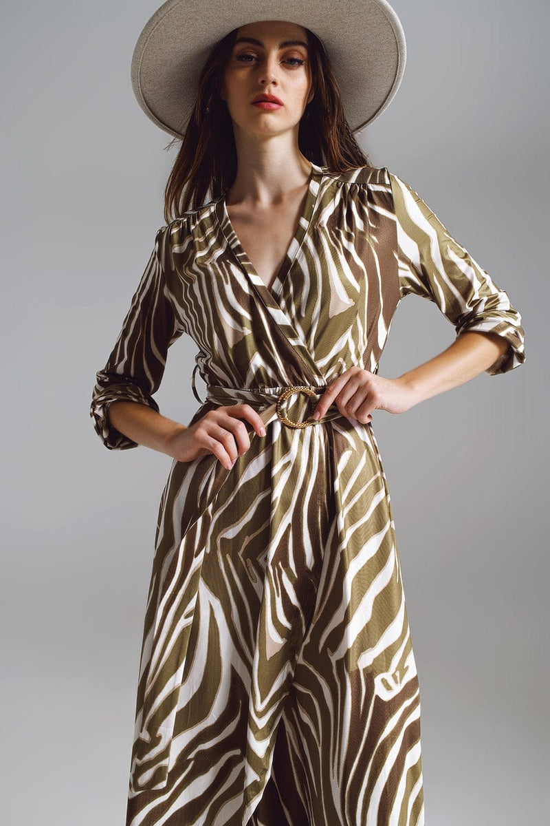 Q2 Women's Dress Midi Belted Wrap Dress In Olive Green And Cream Zebra Print