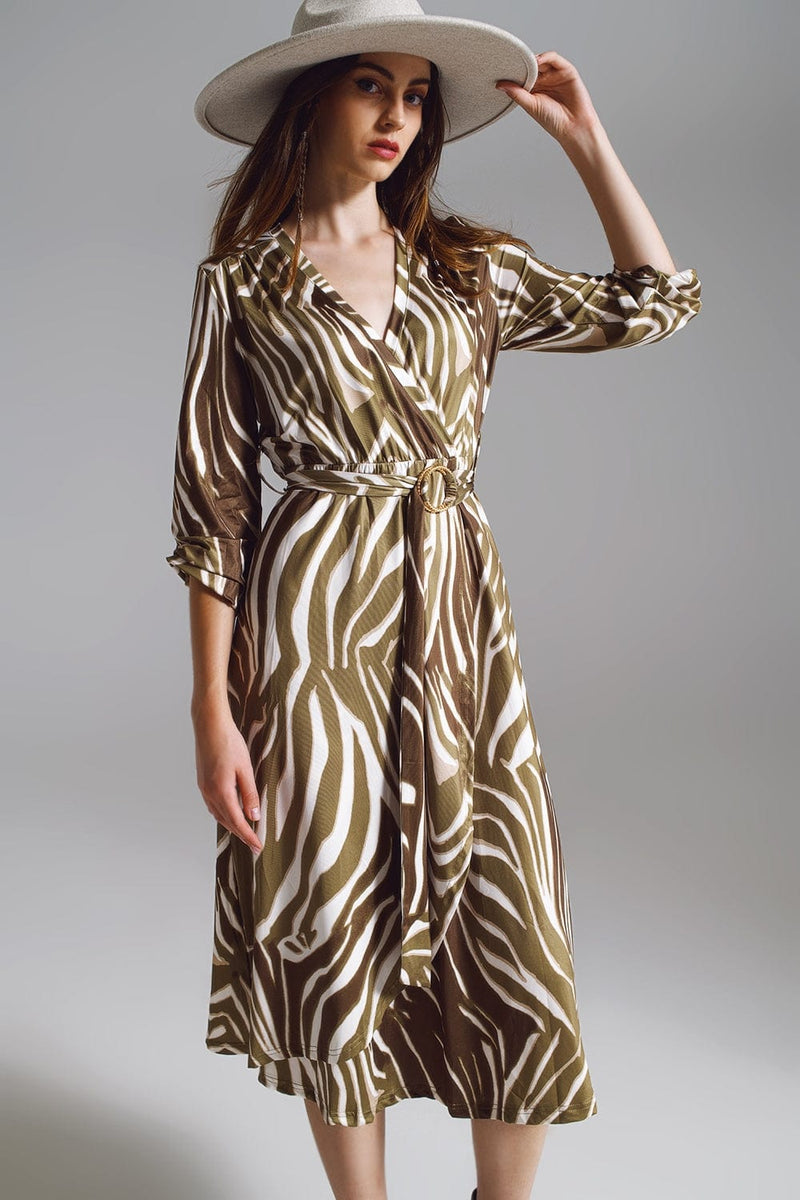 Q2 Women's Dress Midi Belted Wrap Dress In Olive Green And Cream Zebra Print